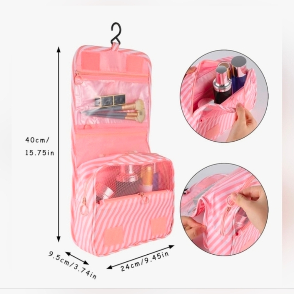 Pink Striped Hanging Travel Cosmetic Bag NWT